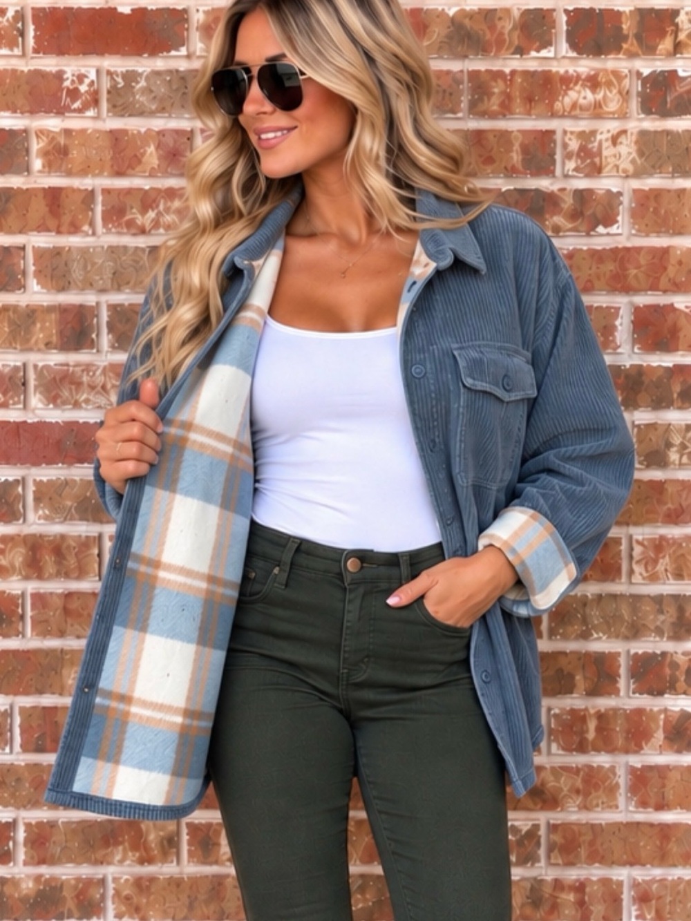Love Tree Reversible Slate Blue Corduroy Plaid Fleece Shacket Jacket Women’s XL